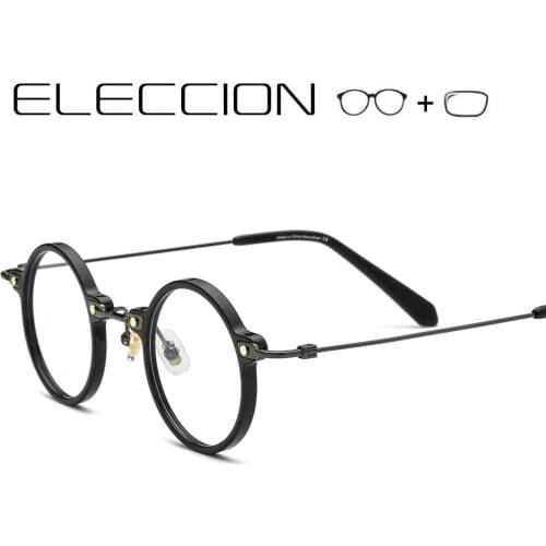 Retro Men Optical Glasses Frame Wiht Prescription Acetate Rim Titanium Temple Small Round Rim Eyeglasses Women Myopia Eyewear