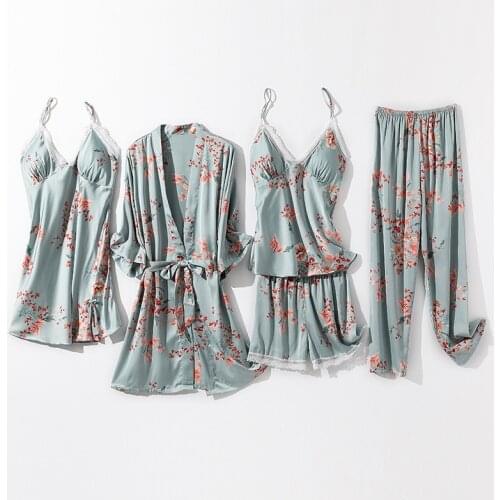 Pajamas Set Women 5 Piece Floral Print Sleepwear Satin Lace Pyjama Lounge with Chest Pads Sexy Strap Home Nightwear