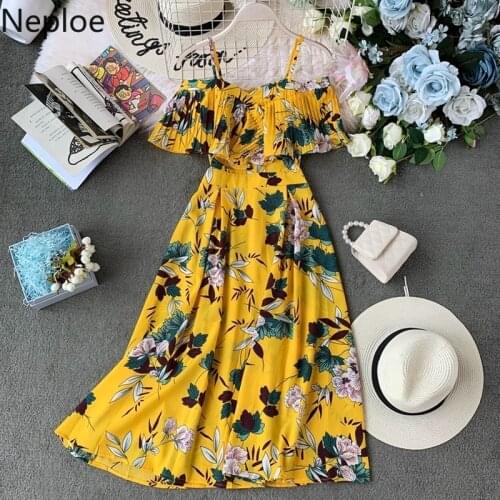 Neploe Floral Print Women Dress New Slash Necj Sleeveless Camis Vestido Summer 2021 Sexy Korean Backless Female Dresses 44533
