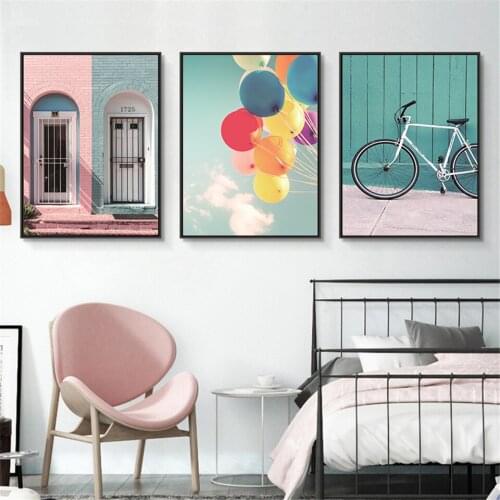 Nordic Poster Bike and Balloon Pink Romantic Building Canvas Painting Home Art Picture Modern Wall Art Living Room Decoration