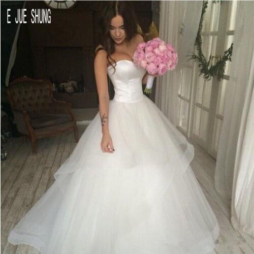 E JUE SHUNG Simple Tulle Wedding Dresses Sweetheart Sleeveless Tiered Lace Up Back Bridal Gowns vestido de noiva Custom Made