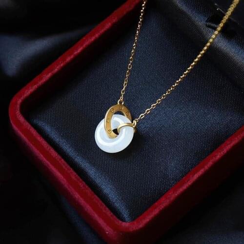 [Qiyue] Natural Hetian Jade Peace Buckle White Jade Ladies Pendant 925 Silver Jade Fashion Silver Ornaments Necklace