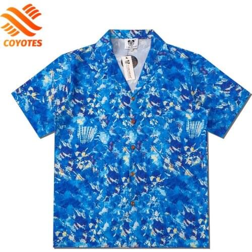 COYOTES Blue Ocean Full Print Casual Shirts Men High Street Hawaiian Floral Beach Shirt Short-Sleeve Loose Hip Hop Blouses