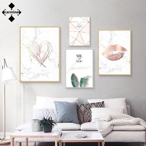 Pink Gold Nordic Wall Art Me&you Love Posters and Prints Lip Green Plant Painting Abstract Lines Canvas Picture for Home Decor