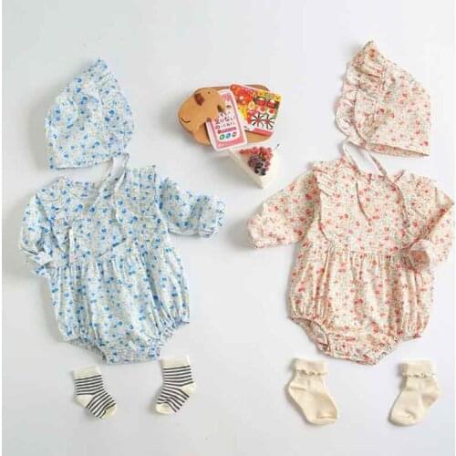 Spring Baby Clothing Toddler Girls Bodysuits Long-Sleeve Baby Girl Floral Suit Infant One Piece With Hat