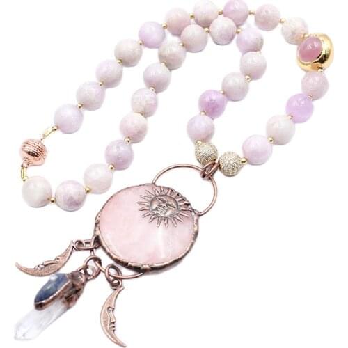 GuaiGuai Jewelry Natural Round Purple Kunzites Necklace Cat eye Rose Quartz Kyanites Vintage Sun Pendant For Women