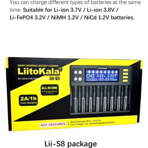 LiitoKala Lii-S8 Battery Charger Li-ion 3.7V NiMH 1.2V Li-FePO4 3.2V IMR 3.8V charger for 18650 26650 21700 26700 AA AAA