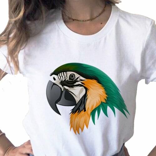 Harajuku Cockatiels Parrot print ladies Top T-shirt casual basics O-collar white shirt short sleeve ladies T-shirt,Drop Ship