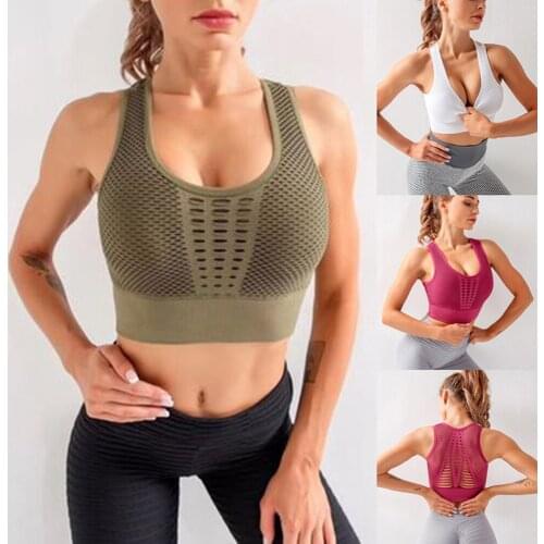 Fitness Womens T-shirts Hollow Workout Sports Bra Push Up Crop Top Anti-sweat Shockproof Padded Yoga Vest Gym Running Tops