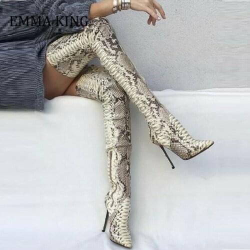 Women Snake Print Over the Knee High Boots Sexy Ladies Thigh High Heels Boots Pointed Toe Zipper Shoes Winter Ladies Boots 2020