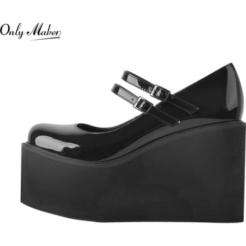 Onlymaker Womens High Heel Platform Round Toe Patent Leather Wedges Pumps Double Buckle Fashion Shoes