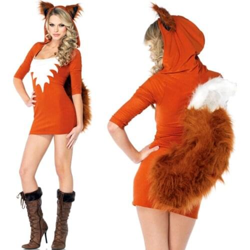 Cute Orange Tail Fox Halloween Animal Women Costumes Slim Bodycon Dresses Carnival Party Faux Fur Costume