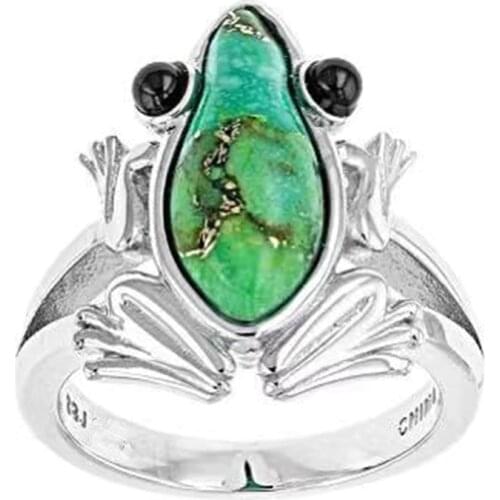 New Bohemia Creative Silver Color Frog Rings For Women Green Stone Inlay Fashion Jewelry Daily Wear Cocktail Party Gift Ring