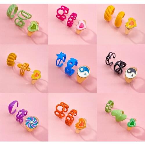 Colorful Heart Ring Set Open Cooper Rings For Women Candy Color Hand-painted Knuckle Rings Jewelry