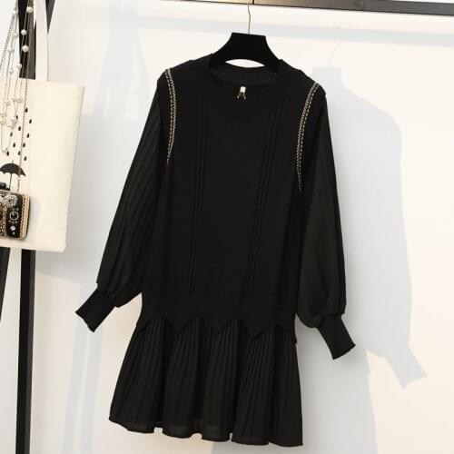 4XL plus size women elegant vintage Pleated dress autumn winter 2021 long Sleeve o neck Patchwork black casual dresses