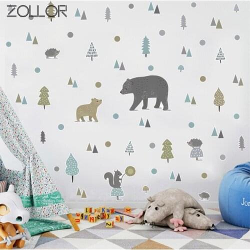 Zollor Ins Forest Bear Fox DIY Wall Sticker Nordic Style Kids Room Living Room Vinyl Decals Self-adhesive Door Window Home Decor