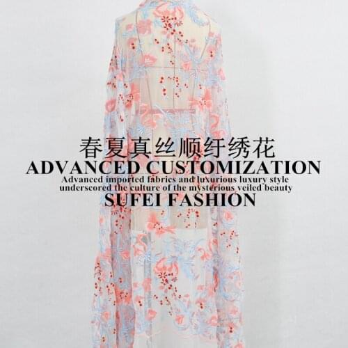 115cm wide blue orange floral polyester embroideried white silk background lace dress cheongsam fabric S075