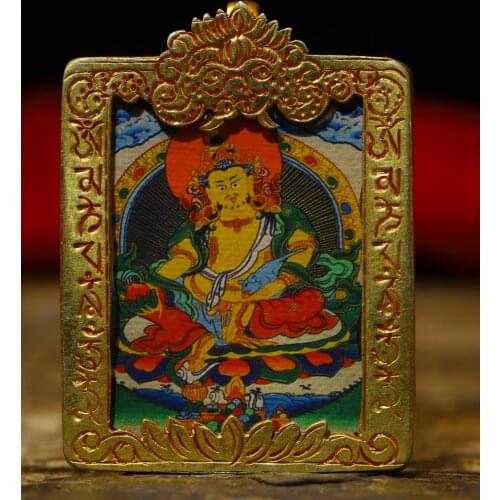 2"Tibet temple Old Bronze Gilt Thangka Yellow God of Wealth Buddha Amulet Pendant Town House Exorcism Ward off evil spirits