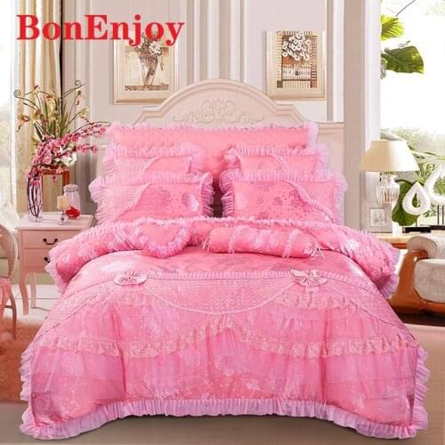 Luxury 4/6/10pcs Pink Lace Wedding Style 100% Jacquard Cotton Princess Bedding Set Duvet Cover Bed Sheet Bedspread Pillowcases