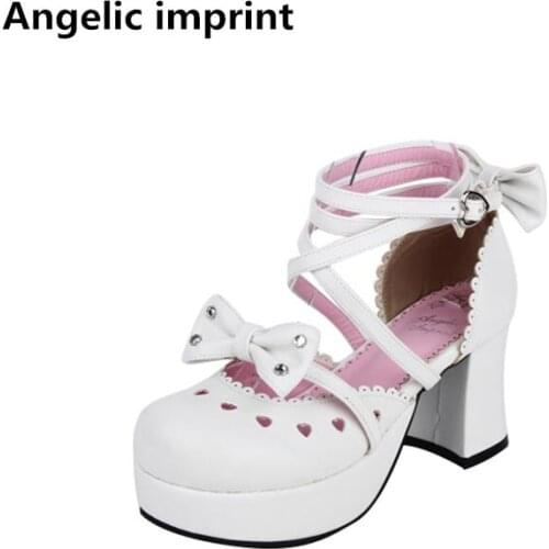 Angelic imprint mori girl lolita shoes woman cosplay shoes lady high heels Pumps women princess dress party shoes 33-47 bowtie