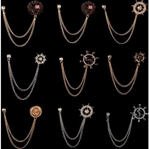 New Fashion Anchor Tassel Chain Brooch Rhinestone Brooches Suit Shirt Lapel Pins Jewelry for Women Men Clothing & Accessories