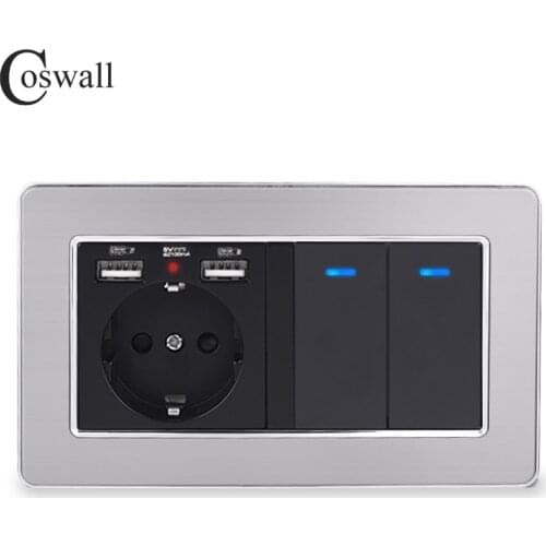 COSWALL Russia Spain EU Standard Wall Socket With 2 USB Charge Port + 2 Gang 1 Way On / Off Light Switch Stainless Steel Frame