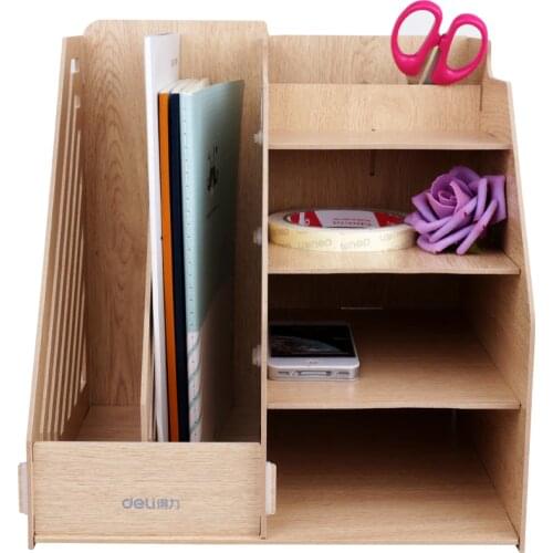 Deli Two Grid Multi-functional Combination Desktop File Tray Wood Creative File Column Holder Oficina Office Supplies 9842