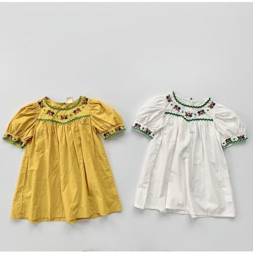 Girls Embroidered White Dress Children Cotton Summer Loose Dresses Korean Casual Kids One-Piece Dress Baby White Yellow Clothes