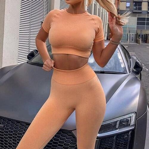 2 Piece Set Women Seamless Set Women Yoga Sets Short Sleeve Crop Top High Waisted Sports Pants Gym Clothing Jogging Suits