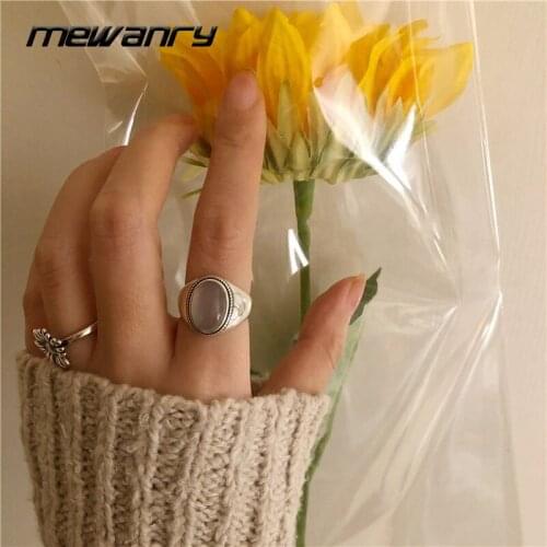 Mewanry 925 Sterling Silver Vintage Distressed Gemstone White Agate New Simple Design Holiday Party Ring Birthday Gift for Women