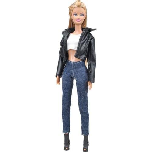 1Set Fashion Manual Coat Outfits For Barbie Doll Leather Coat Jeans Pants Short Crop Top Clothes For Barbie Dollhouse Accessory