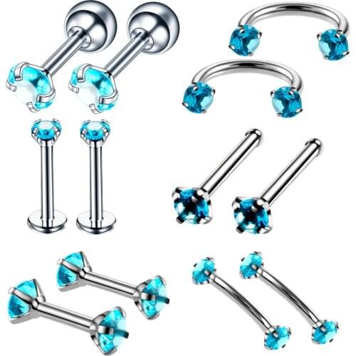 12PCS Stainless Steel Labret Piercing Stud Cubic Zirconia Dermal Nose Ring Lip Piercing Kit Set Women Body Jewelry