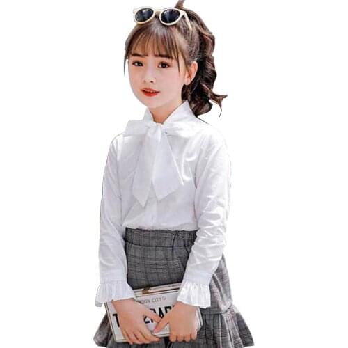 New Spring Girls Blouse Solid White Blouse For Girls Bow Mandarin Collar Shirt For Girls Summer Korean School Clothes For Girls