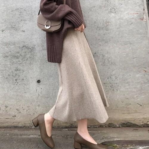 New Knitted Skirts Woman Fashion 2021 Autumn Winter Women Elastic Waist Umbrella Skirt Office Dalies A-line Midi Skirts Mujer