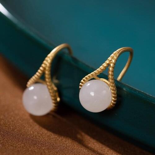 Original S925 Sterling Silver Natural Hetian Jade round Beads Simple Personality Temperament Ladies Inlaid Gold-Plated Earrings