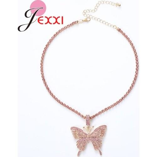 New Punk Style Butterfly Necklace Hip Hop Rhinestone Butterfly 925 Sterling Silver Pendant Necklaces Choker For Women Jewelry