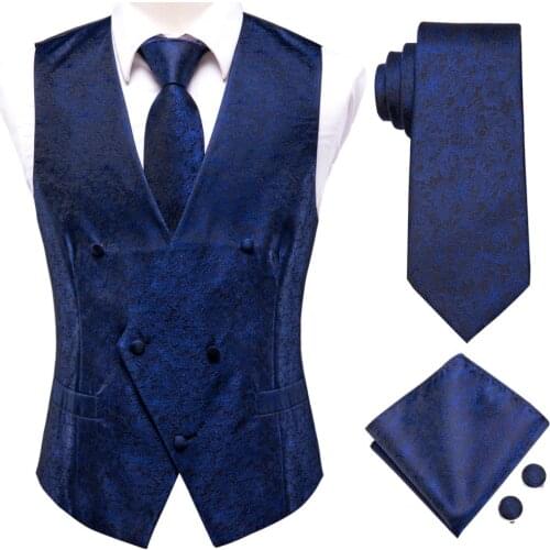 Hi-Tie Navy Blue Floral Solid Silk Mens Slim Waistcoat Necktie Set For Suit Dress Wedding 4PCS Vest Necktie Hanky Cufflink Set
