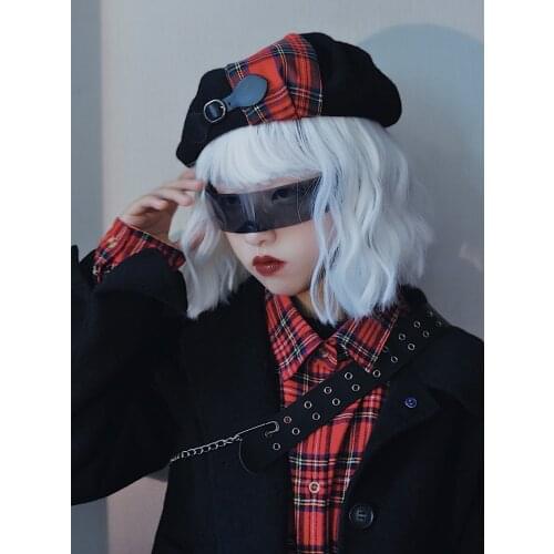 Ruibbit Punk Rock Gothic Red Plaid Tassel Metal PU Leather Patchwork Wool Beret Cap Harajuku Vintage Beret Hats Womens Hats