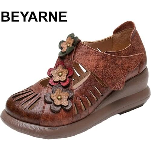 BEYARNEWomen Gladiator Sandals Genuine Leather Hollow Wedges Sandals Ladies Casual Soft bottom Summer Shoes Woman Beach Sandal