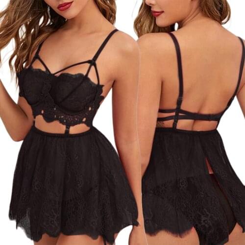 Sexy Lingerie Outfits 3pcs Womens set Lace Flower Bra + Mesh Short Skirt + Thong Exotic Set Sleepwear Nightwear
