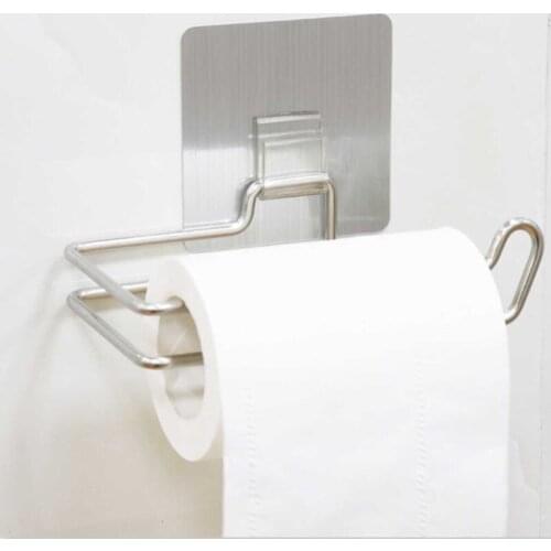 Silver Stainless Steel Paper Holder Bathroom Kitchen Creative Free Punch Towel Rack Bathroom Storage Sticky Hook