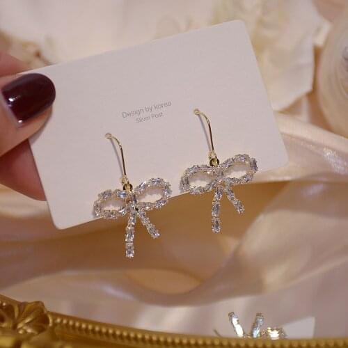 14k Real Gold Full Diamond Zircon Long Bow Earrings Temperament Banquet Party Ladies Go Out All Match Jewelry Pendant