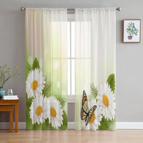 White Flower Chrysanthemum Butterfly Tulle Window Treatment Sheer Curtains for Living Room the Bedroom Curtains Decoration
