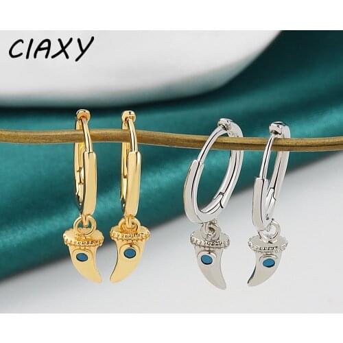 CIAXY 925 Sterling Silver Wolf Tooth Earrings for Women Personality Inlaid Green Zircon Small Ear Buckle Earring Summer Jewelry