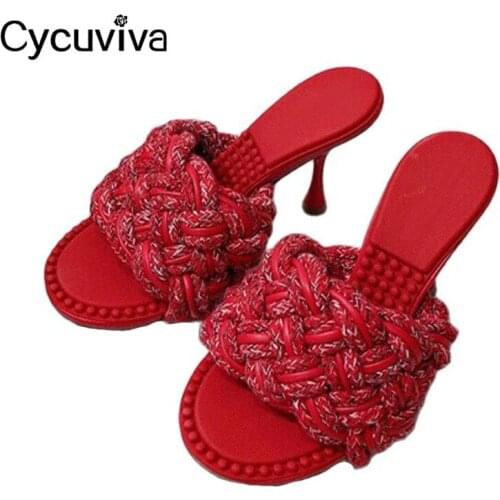 2021 New Brand High Heel Slippers Women Red Braid Leather Slides Ladies Summer Dress Shoes Open Toe Mules Runway Sandalias Mujer