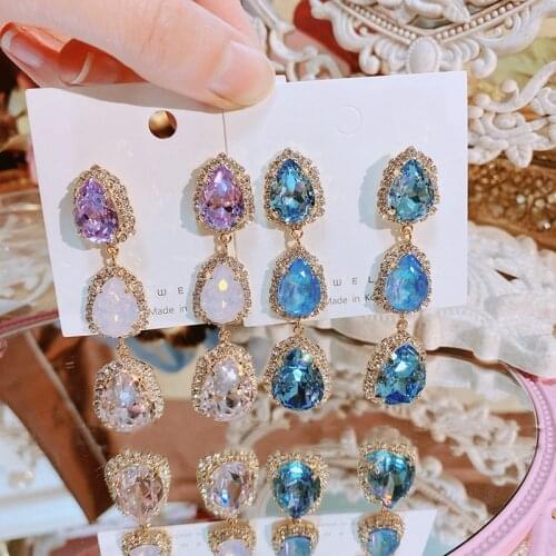 MENGJIQIAO Korean Elegant Luxury Waterdrop Crystal Dangle Earrings For Women Fashion Colorful Party Boucle D'oreilles Jewelry