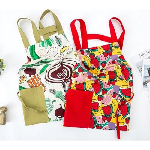 Vegetable Fruit Pattern Enlarged Pocket Women Kitchen Apron Home Cooking Baking Cotton Coffee Pinafore House Cleaning Bib 46438