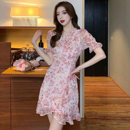 V-neck Pink Print Dress Lady Summer Short Chiffon Split Pleated Drawstring Mermaid Dress