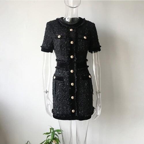 American New European and womens dresses for spring 2021 short sleeves Round collar Beautiful buttons Fashion tweed dress