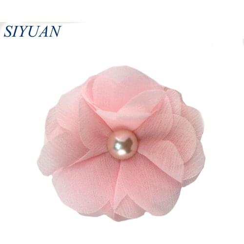 90pcs/lot Wholesale Handmade Shabby Chiffon Flower with Pearl Bead Kids Dress Headband Wedding Decoration 30 Colors TH295